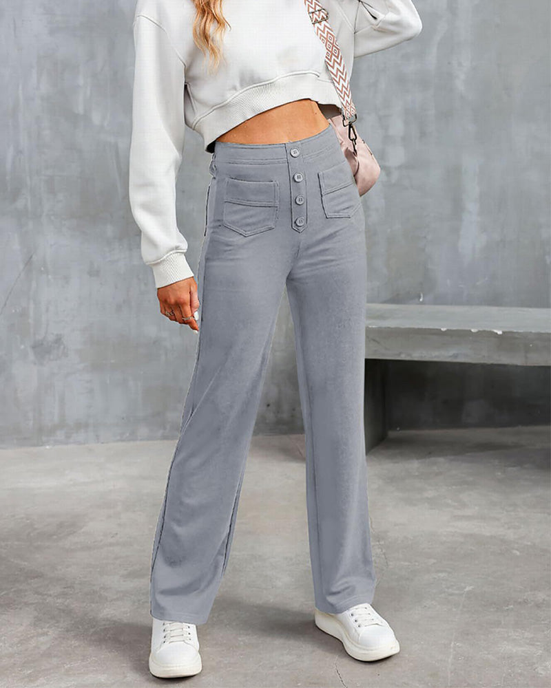 Stretch Straight Pants With High-Waisted 4-buttons LightGrey