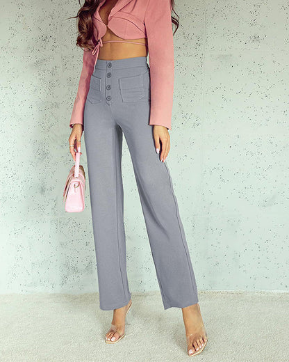 Stretch Straight Pants With High-Waisted 4-buttons