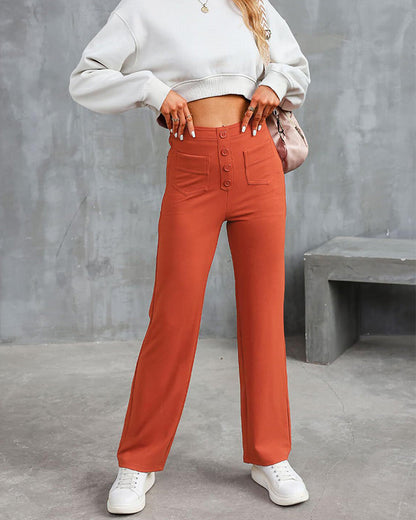 Stretch Straight Pants With High-Waisted 4-buttons Red