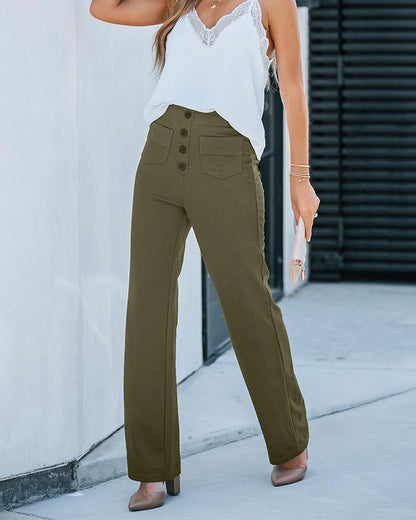 Stretch Straight Pants With High-Waisted 4-buttons Olive