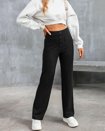 Stretch Straight Pants With High-Waisted 4-buttons Black