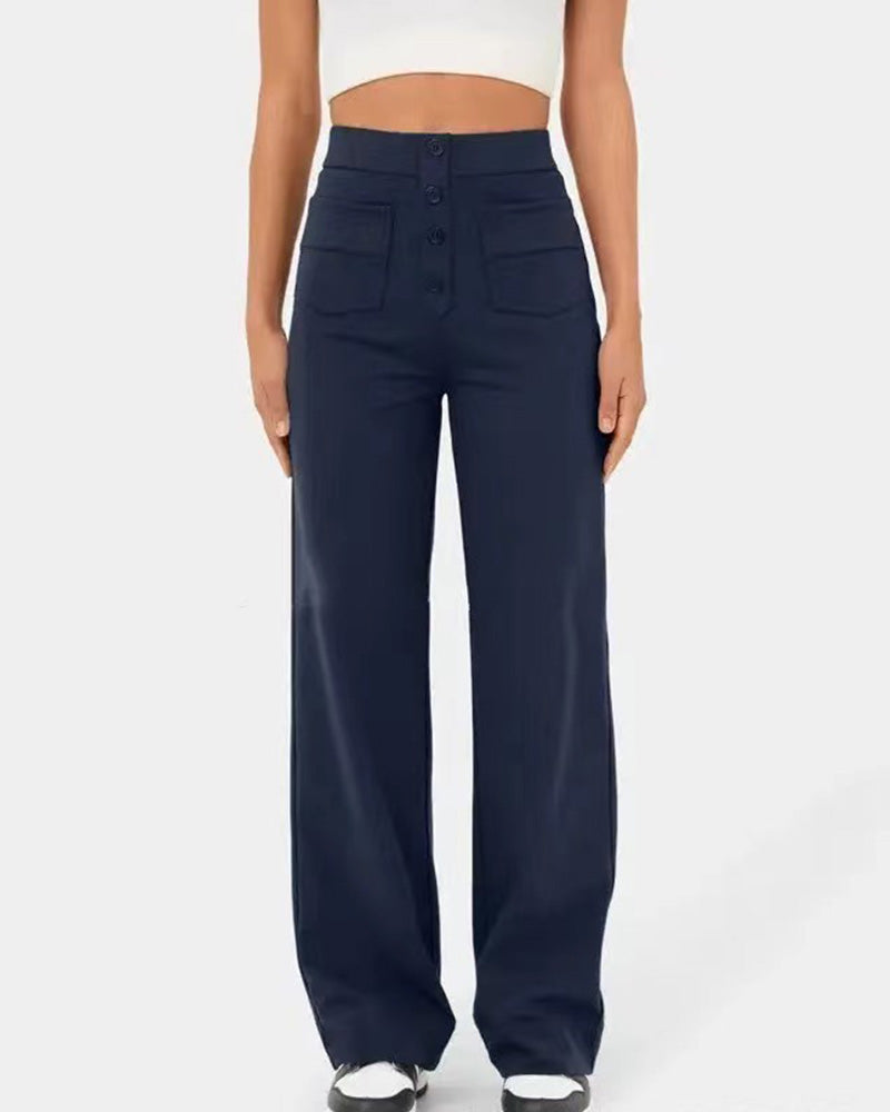 Stretch Straight Pants With High-Waisted 4-buttons Blue