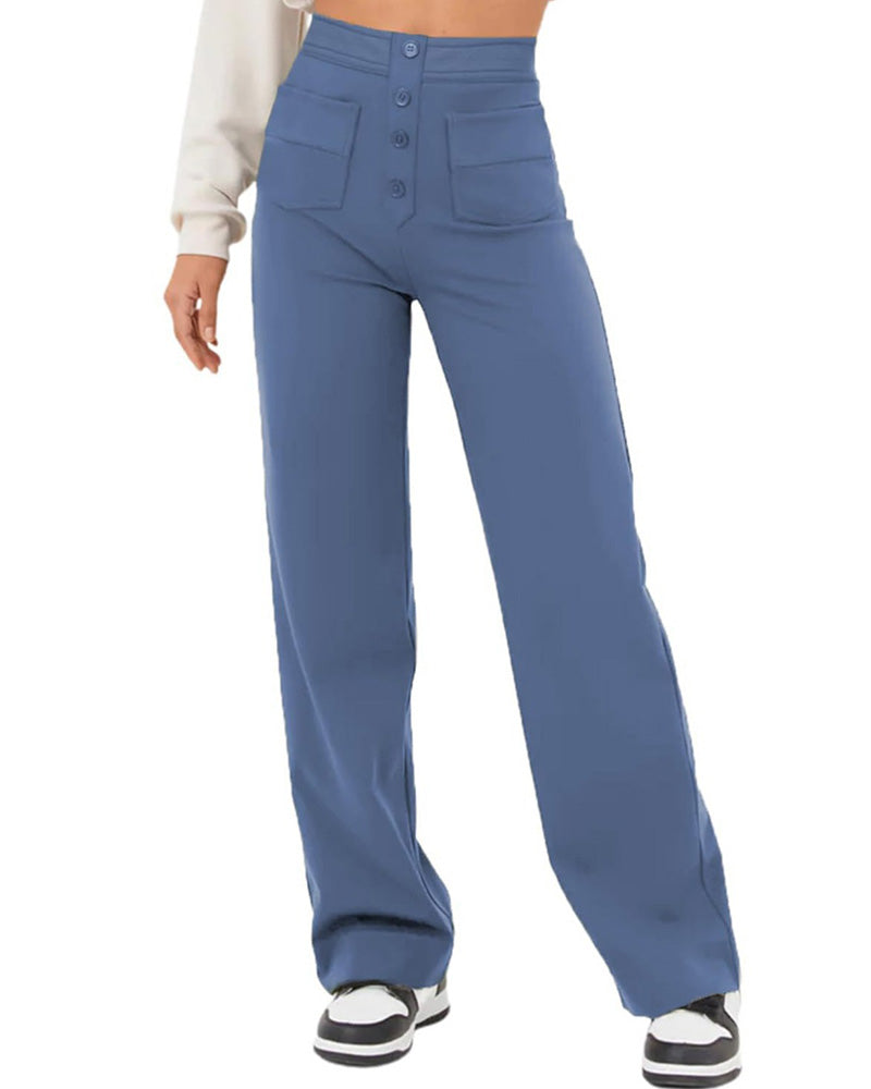 Stretch Straight Pants With High-Waisted 4-buttons Lightblue