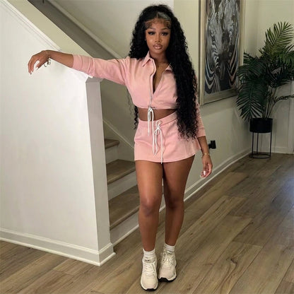 Zip Up Drawstring Skirt Set