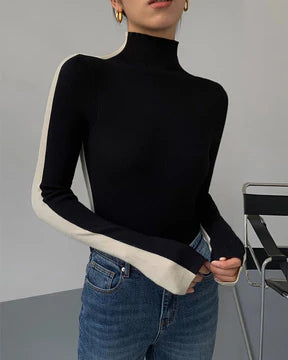 Two Tone Double Sided Long Sleeve Knit Top Black