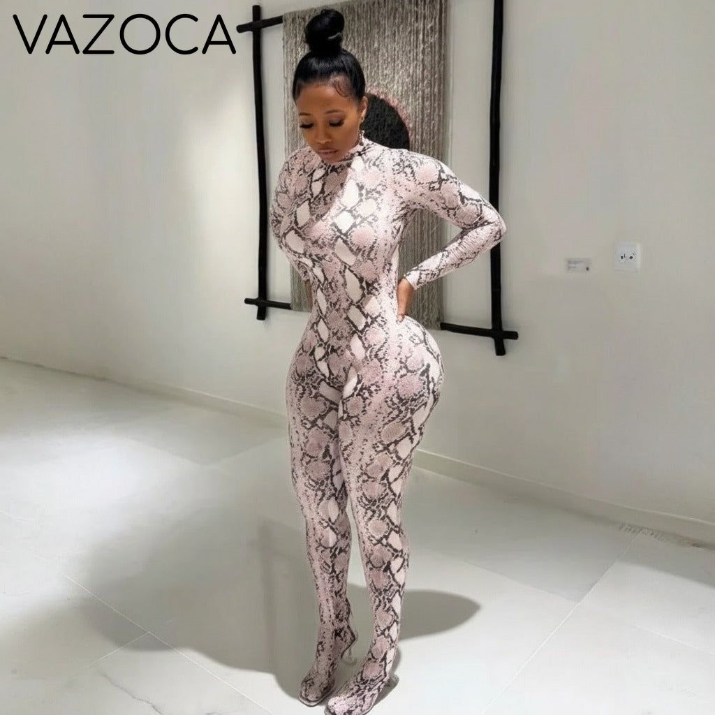 Snake Print Mock Neck Jumpsuit