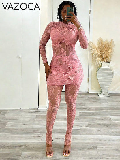 Floral Lace Mesh Top & Bodycon Pants Set