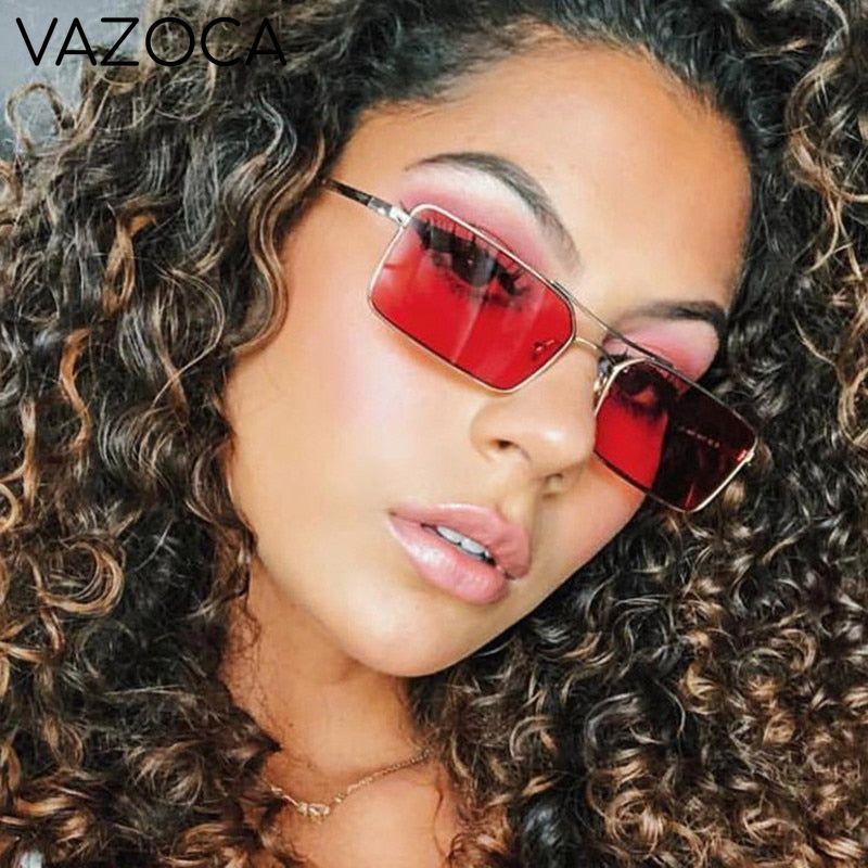 Vintage Narrow Rectangle Sunglasses Gold Red