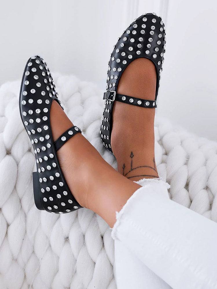 Rhinestone Leather Ballet Flats