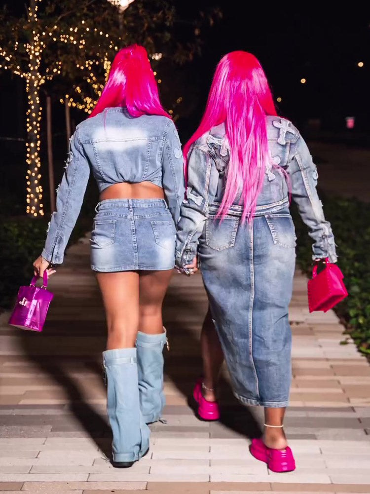 Cross Denim Jacket Skirt Set