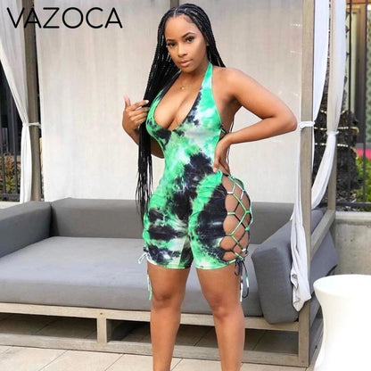 Hollow Tie Dye Sexy Romper Green