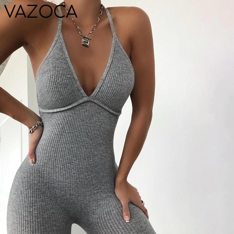V-Neck Sexy Jumpsuit Gray