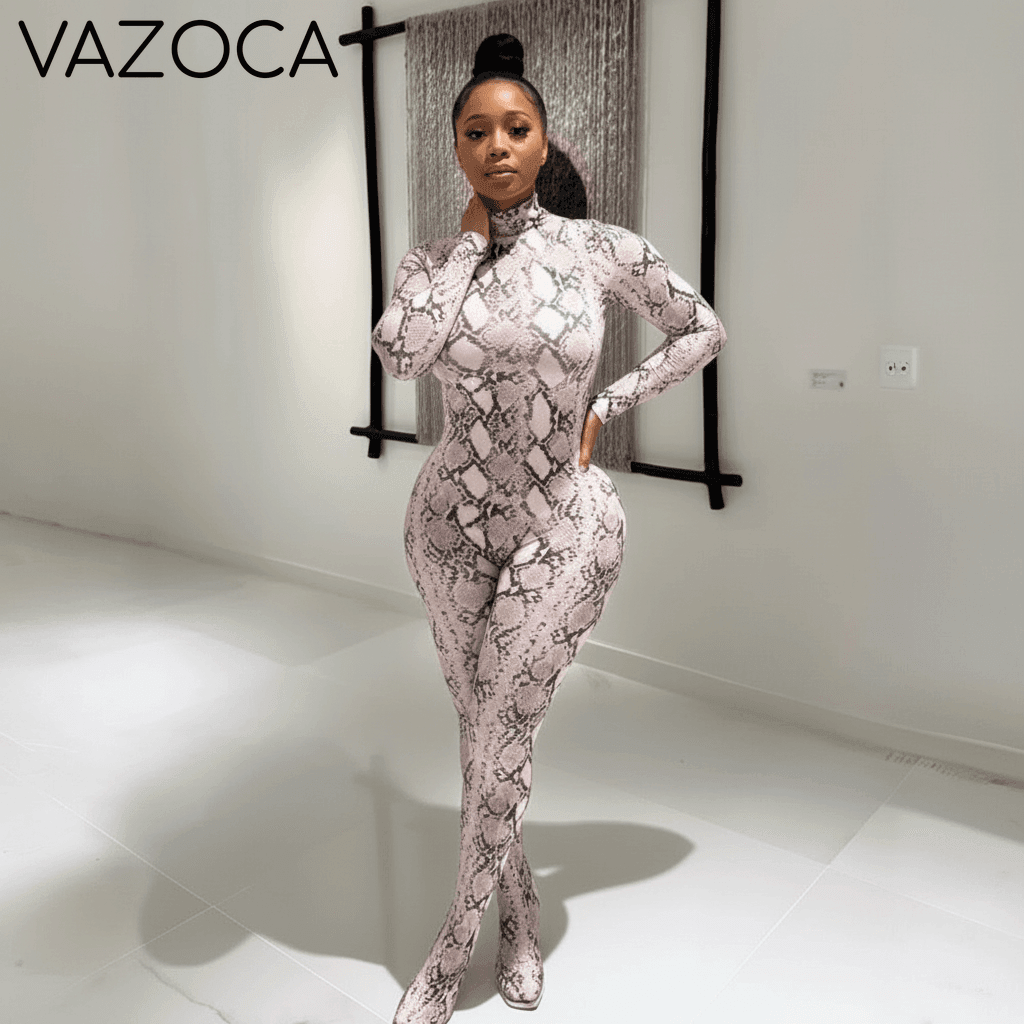Snake Print Mock Neck Jumpsuit