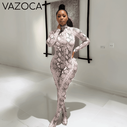 Snake Print Mock Neck Jumpsuit