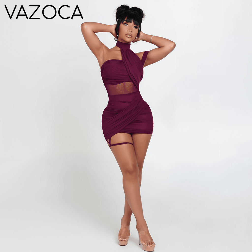 Mesh Wrap Halter Mini Dress