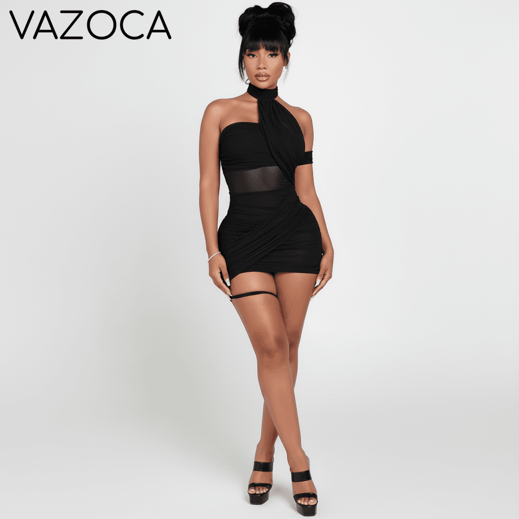 Mesh Wrap Halter Mini Dress