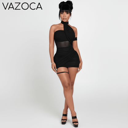 Mesh Wrap Halter Mini Dress