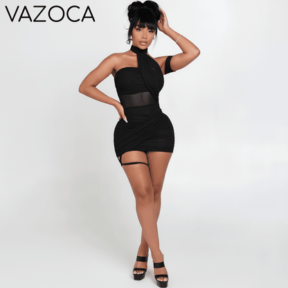 Mesh Wrap Halter Mini Dress