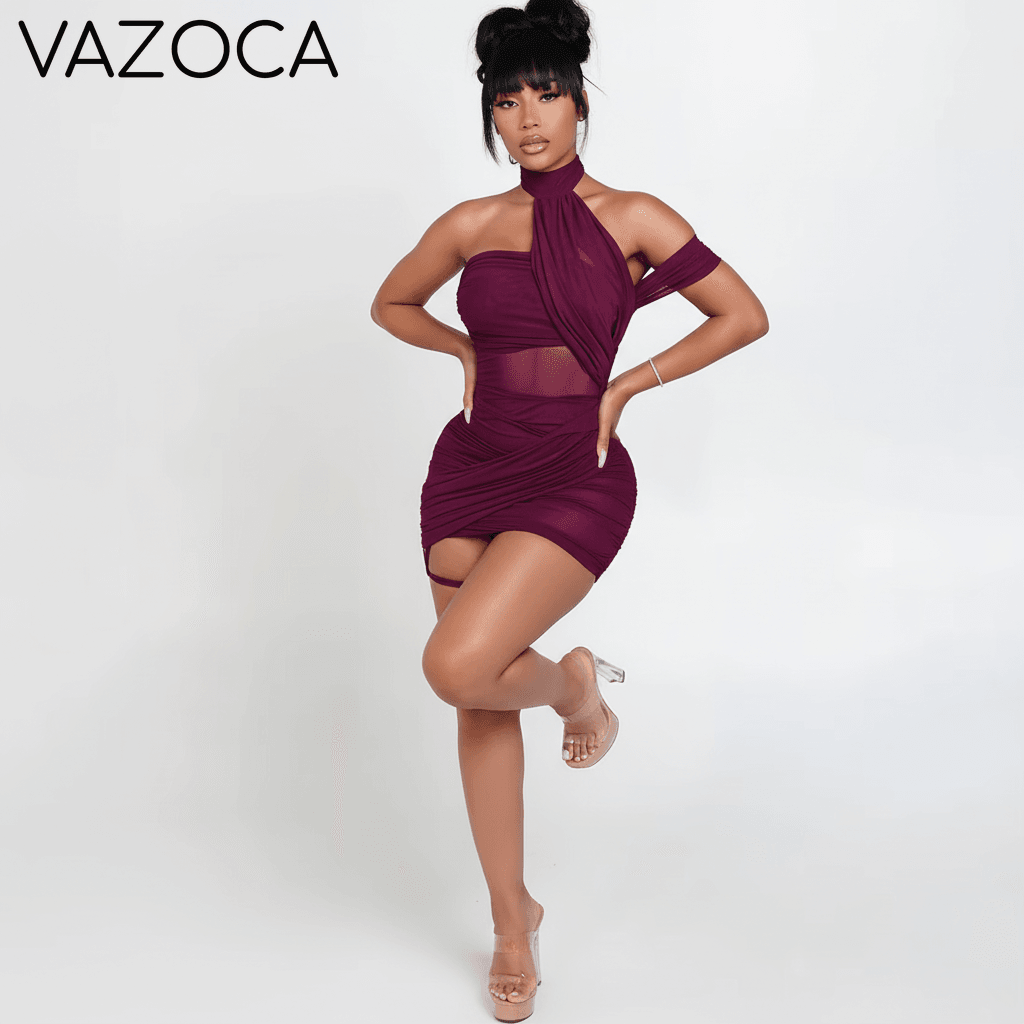 Mesh Wrap Halter Mini Dress