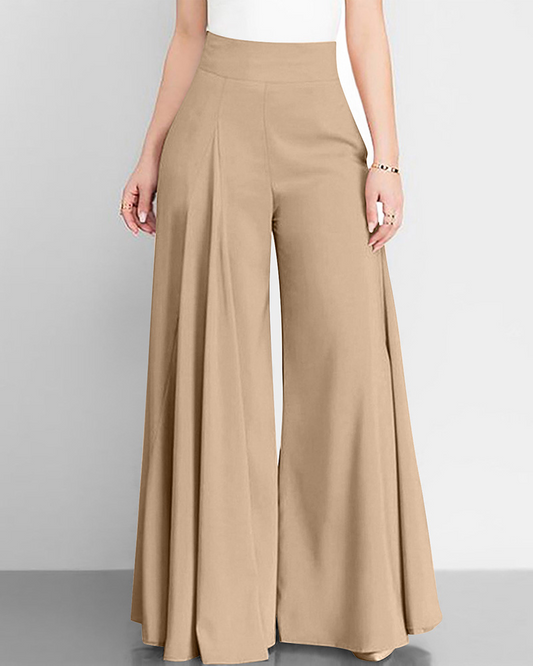 Women Solid Color High-Waisted Wide-Leg Pants Tan