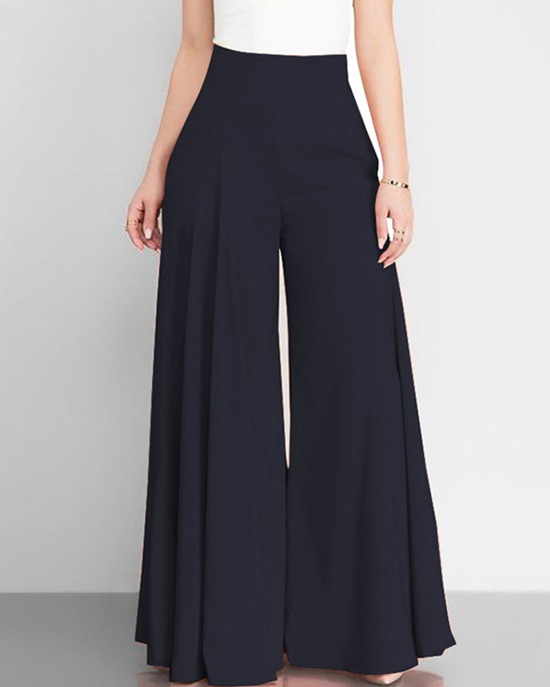 Women Solid Color High-Waisted Wide-Leg Pants Black