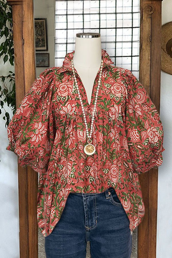 Vintage Floral Print V-neck Puff Sleeve Blouses