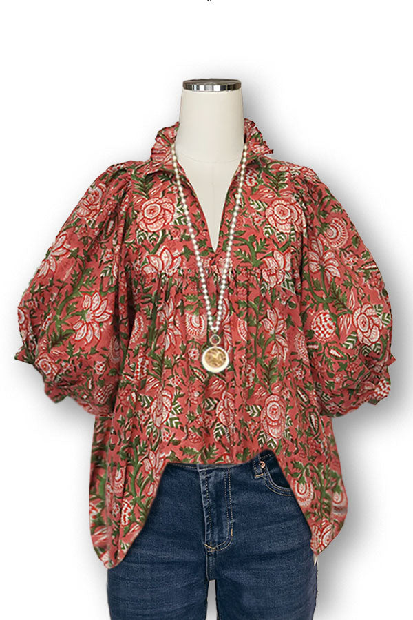 Vintage Floral Print V-neck Puff Sleeve Blouses