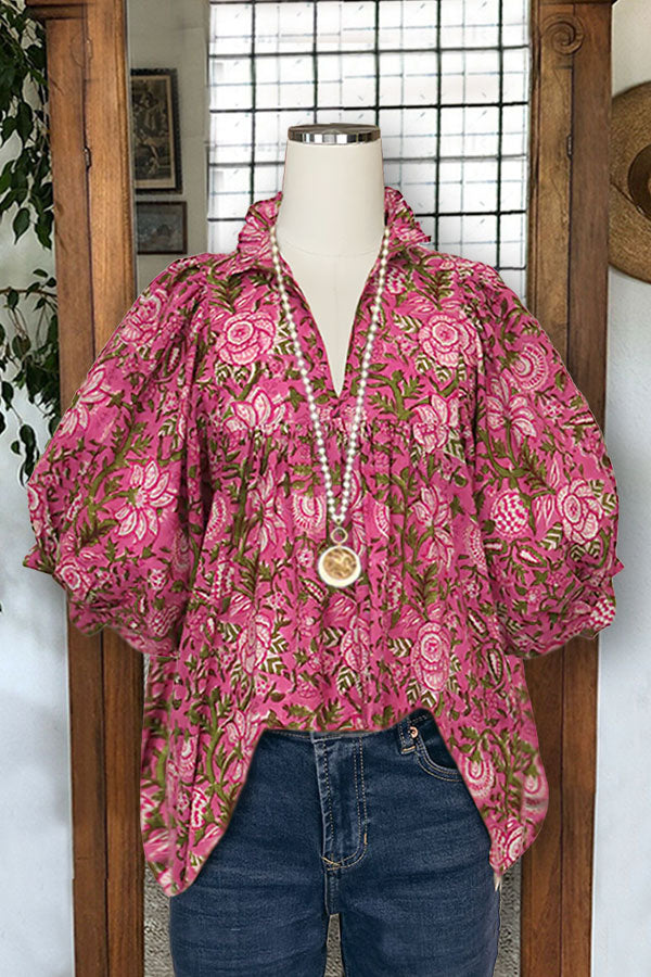 Vintage Floral Print V-neck Puff Sleeve Blouses