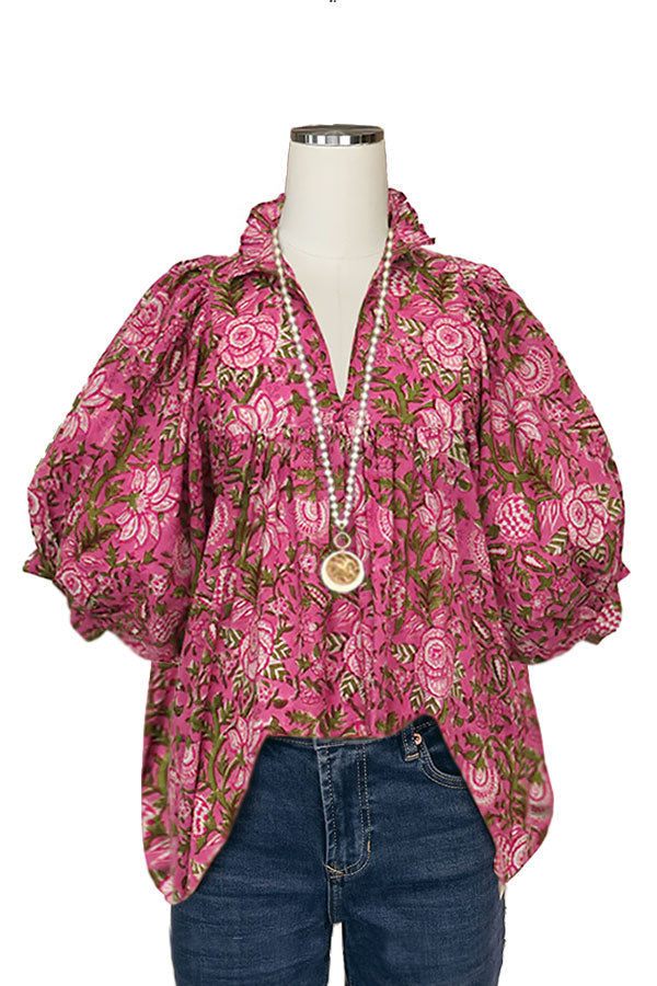 Vintage Floral Print V-neck Puff Sleeve Blouses