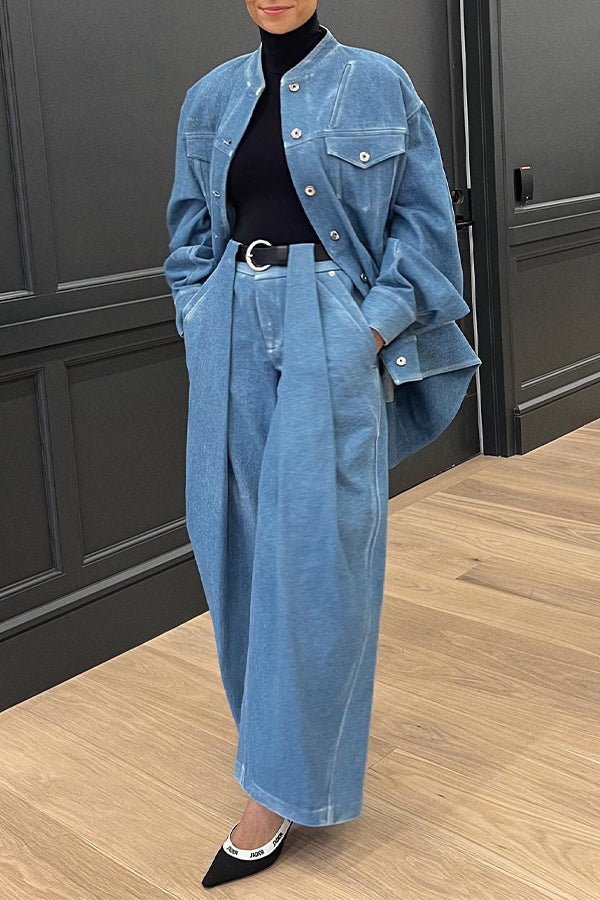 Chic Baseball Collar Denim Shirt & Pants Set