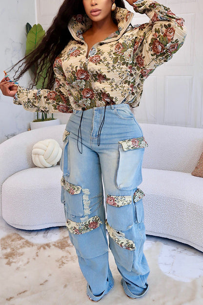 Retro Floral Print Collared Jacket