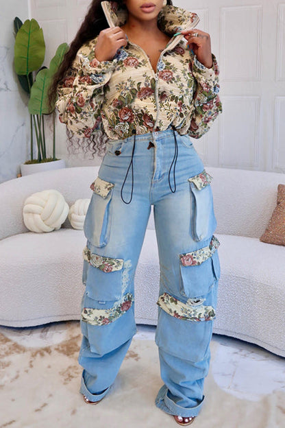 Retro Floral Print Collared Jacket