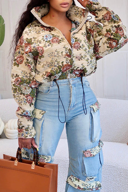 Retro Floral Print Collared Jacket