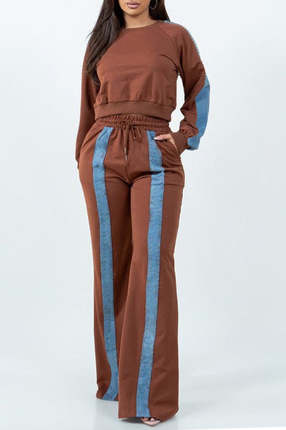 Casual Two Tone Top & Straight Leg Pants Set