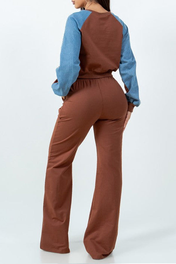 Casual Two Tone Top & Straight Leg Pants Set