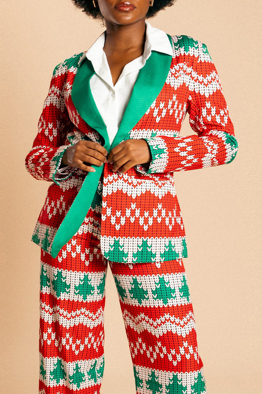 Christmas Knitted Printed Blazer & Pants Set