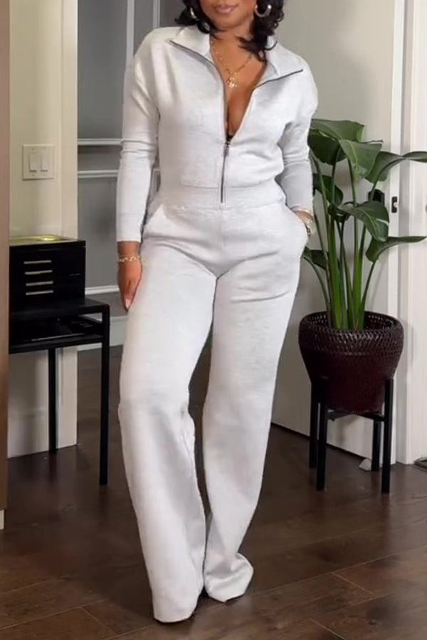 Casual Zip Up Stand Collar Jumpsuit