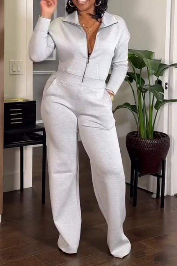 Casual Zip Up Stand Collar Jumpsuit