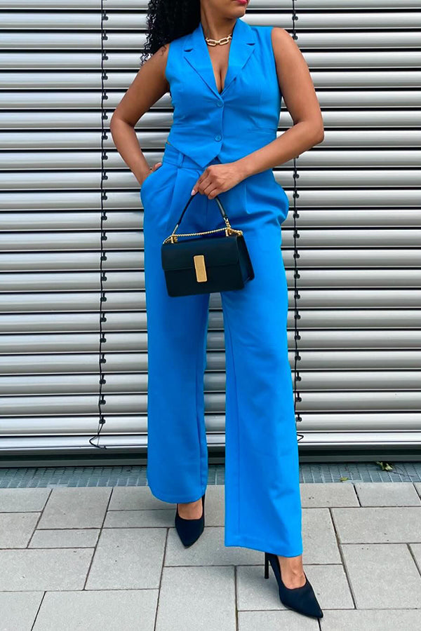 Stylish Lapel Neck Top & Tailored Pants Set Blue