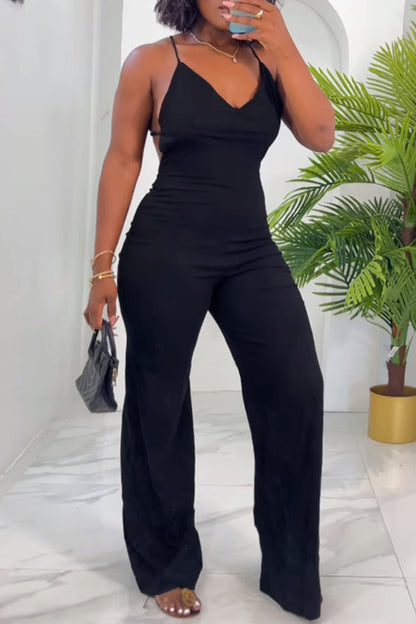 Sling Solid Color Backless Jumpsuit Black