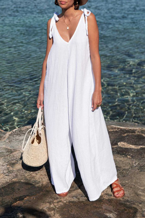 Tie Shoulder V-Neck Solid Loose Cozy Jumpsuit White