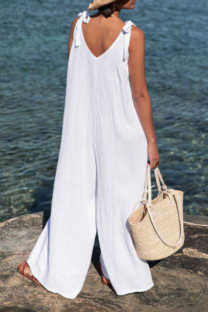 Tie Shoulder V-Neck Solid Loose Cozy Jumpsuit