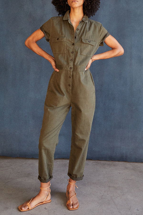 Cotton Lapel Double Pocket Cargo Jumpsuit Army Green