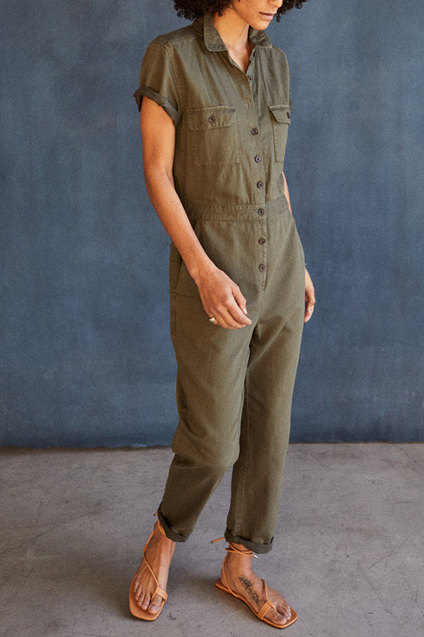 Cotton Lapel Double Pocket Cargo Jumpsuit