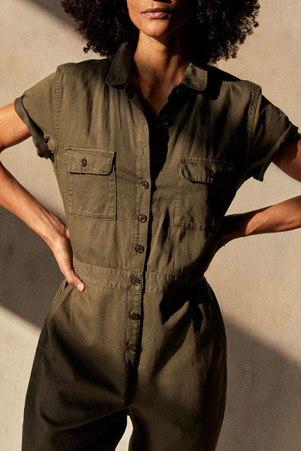 Cotton Lapel Double Pocket Cargo Jumpsuit