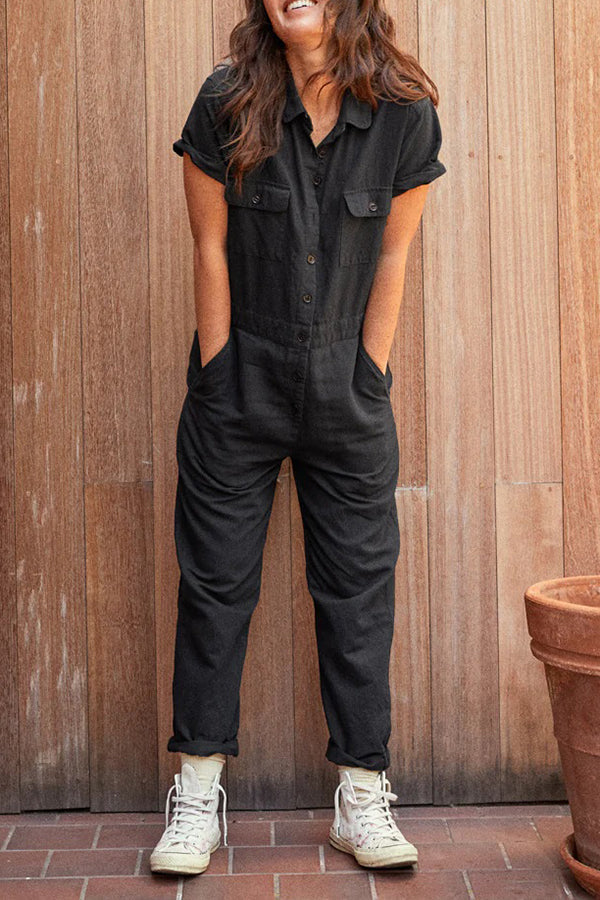 Cotton Lapel Double Pocket Cargo Jumpsuit Black