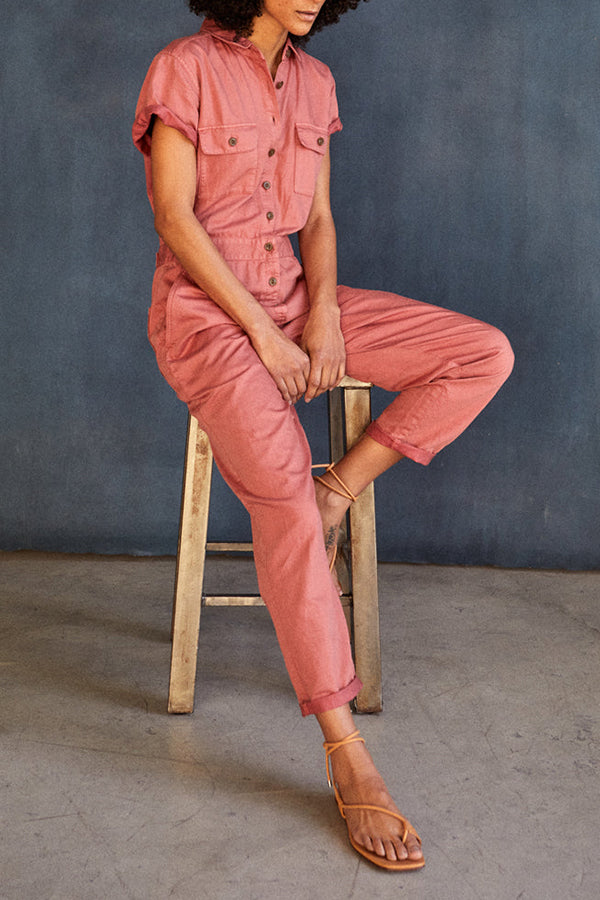 Cotton Lapel Double Pocket Cargo Jumpsuit Pink