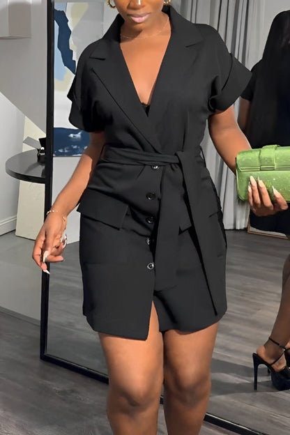 Chic Lapel-Waisted Solid Color Mini Dress