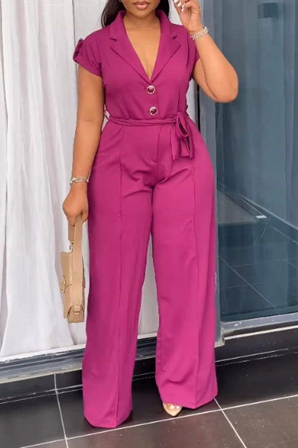 Lapel Neck Waist Tie Wide Leg Jumpsuit