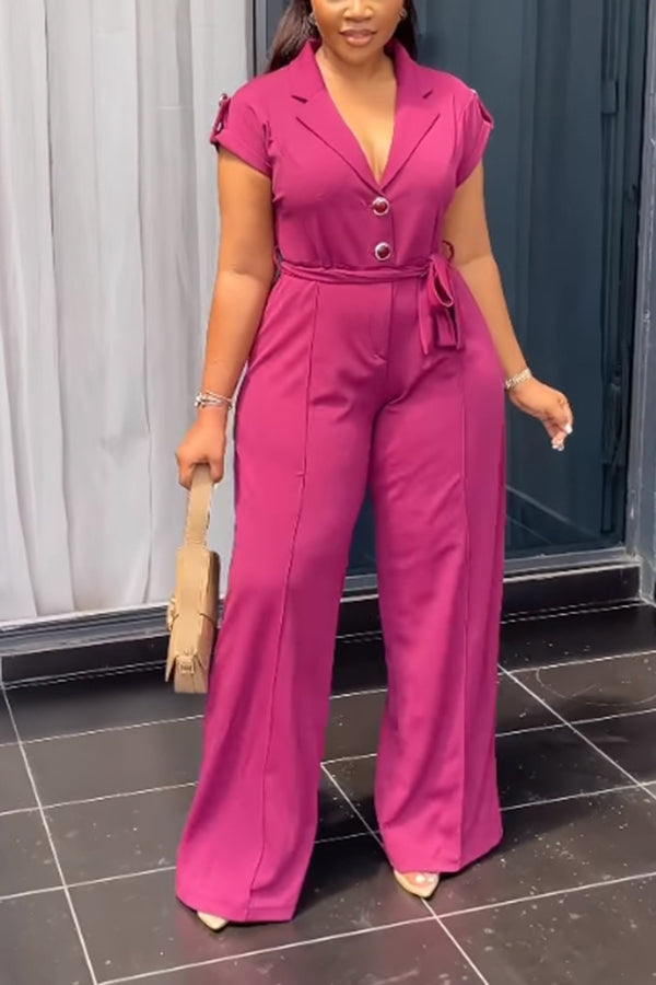 Lapel Neck Waist Tie Wide Leg Jumpsuit